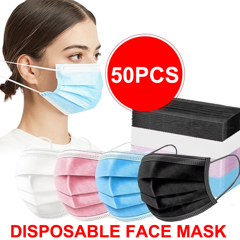 50Pcs 3-layer Mask Face Masks  - Black Face Mask Pack ulasan dan harga